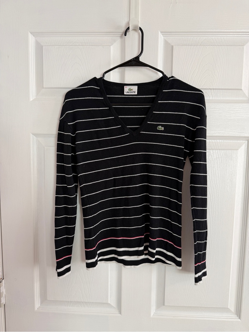 Lacoste Crocodile Logo Striped V- Neck Preppy Black Striped Sweater